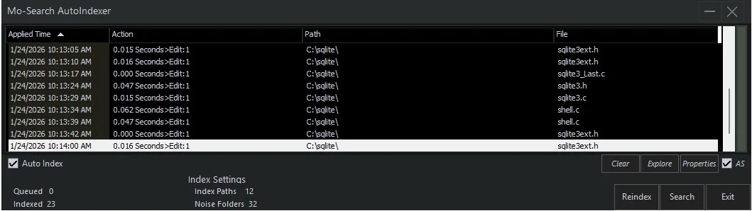 Indexer status panel in dark mode
