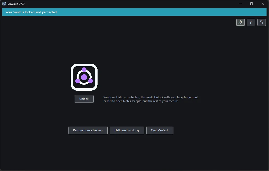 MoVault lock screen in dark mode, showing Windows Hello protection and an Unlock button